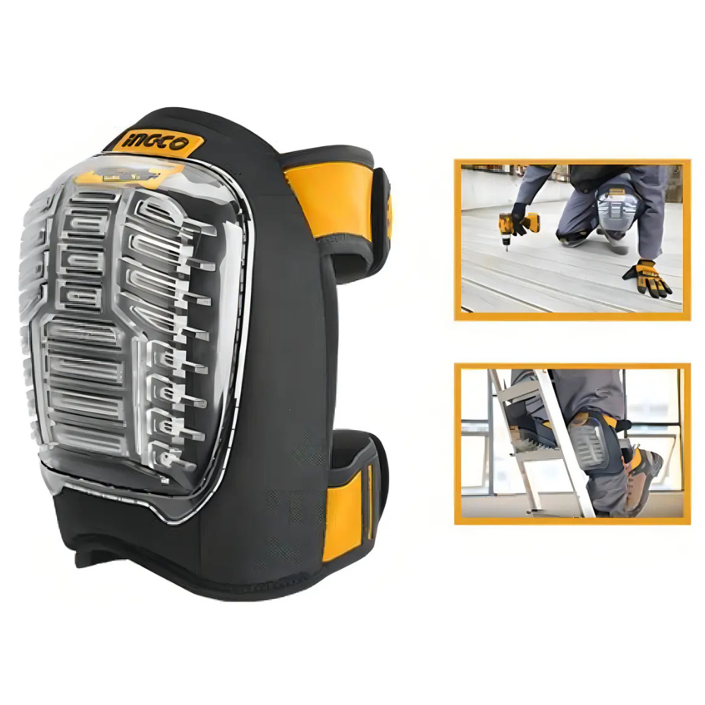 Rodillera Ingco HKPT0101 y ejemplos de uso en piso y escalera