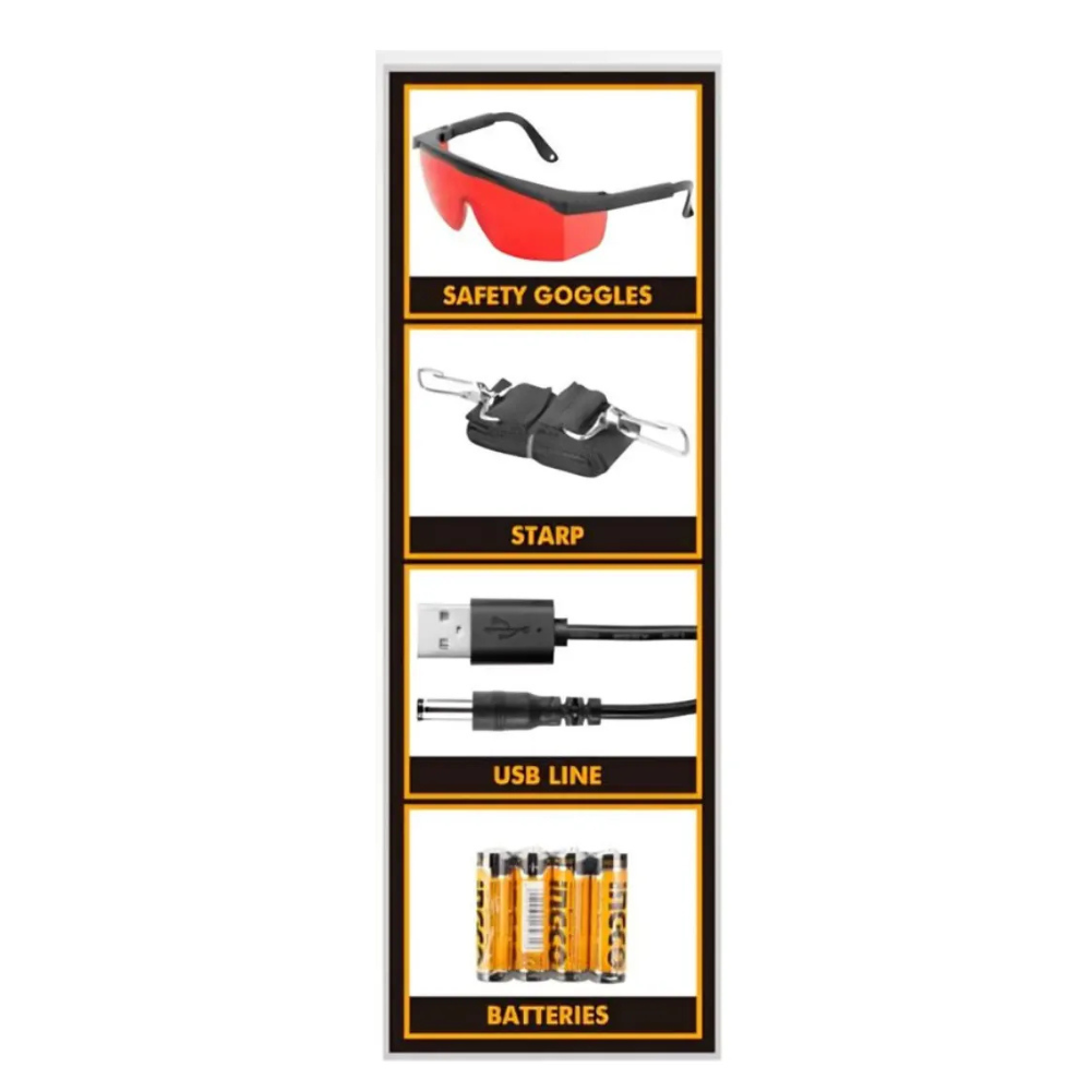 Accesorios del nivel láser Ingco HLL306505: antiparras, correa, cable USB y pilas