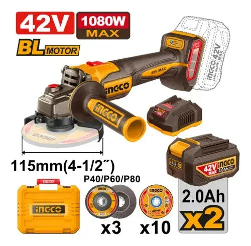 Kit amoladora Ingco CAGLI4108112 con baterías de 42 V, cargador y discos