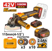 Kit amoladora Ingco CAGLI4108112 con baterías de 42 V, cargador y discos