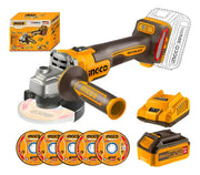 Amoladora angular inalámbrica Ingco CAGLI261521 con batería de 4,0 Ah, cargador, 5 discos de corte y caja