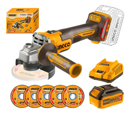 Amoladora angular inalámbrica Ingco CAGLI261521 con batería de 4,0 Ah, cargador, 5 discos de corte y caja