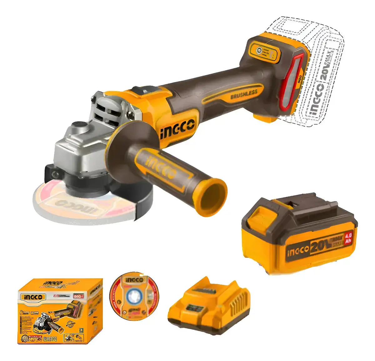 Amoladora Ingco CAGLI261521 con batería de 4,0 Ah, cargador, disco de corte y caja
