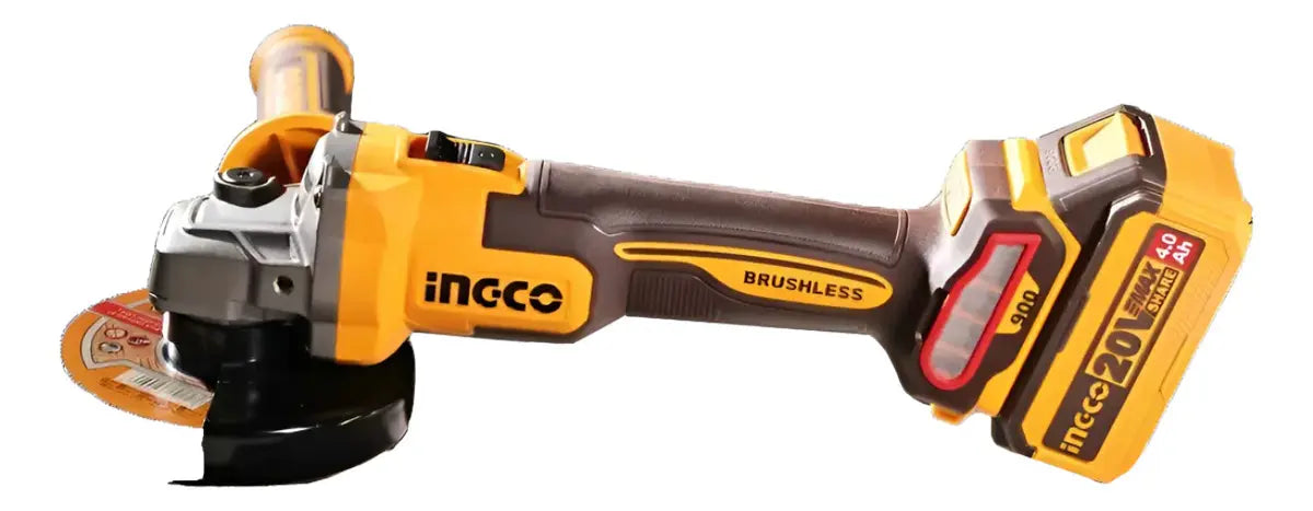 Amoladora Ingco CAGLI261521 con batería de 4,0 Ah montada, vista lateral