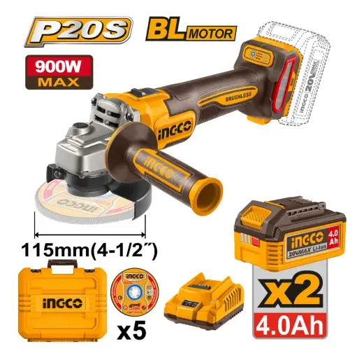 Amoladora Ingco CAGLI261522 de 115 mm y 900 W con 2 baterías de 4,0 Ah, 5 discos, cargador y maletín