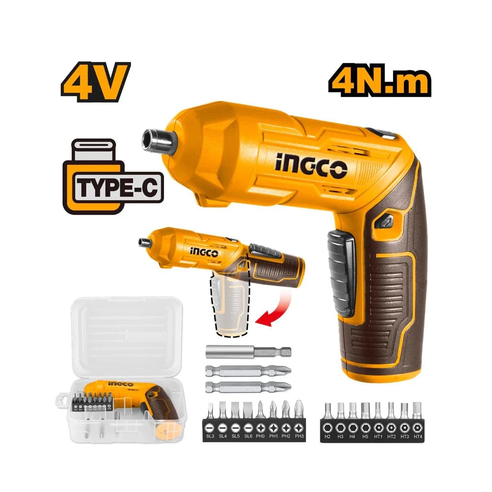 Atornillador Ingco CSDLI04425 de 4 V y 4 Nm con carga USB-C, caja y juego de puntas