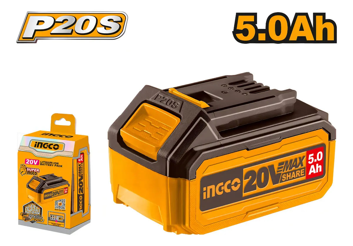 Batería de ion-litio Ingco FBLI20031 de 20 V y 5,0 Ah, plataforma P20S, junto a su caja