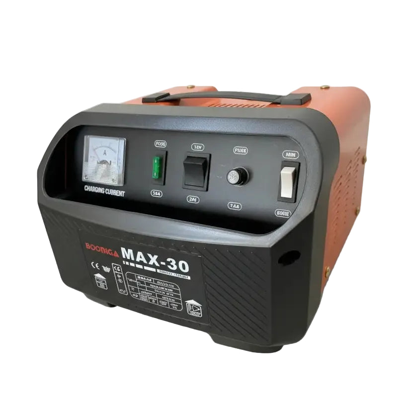 Cargador de batería Booniga MAX-30, vista frontal con amperímetro y selectores