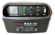 Panel frontal del cargador Booniga MAX-30 con amperímetro, selectores y placa de datos