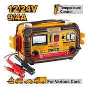 Cargador de baterías Ingco ING-CB1601 de 12/24 V y 9/4 A con cables y pinzas, vista frontal del panel