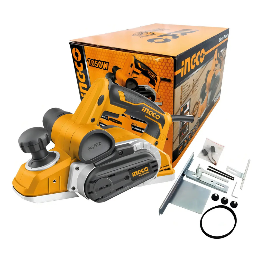 Cepilladora Ingco PL10508 junto a su caja y accesorios