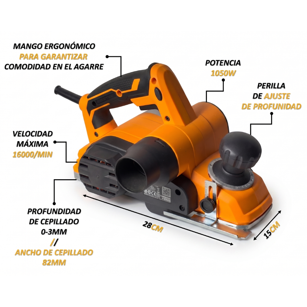 Cepilladora Ingco PL10508 con sus características: 1.050 W, 16.000 rpm, 82 mm de ancho y 0 a 3 mm de profundidad