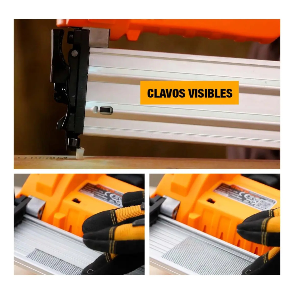 Detalle del cargador de la clavadora Ingco CBNLI3505 con ventana para ver los clavos