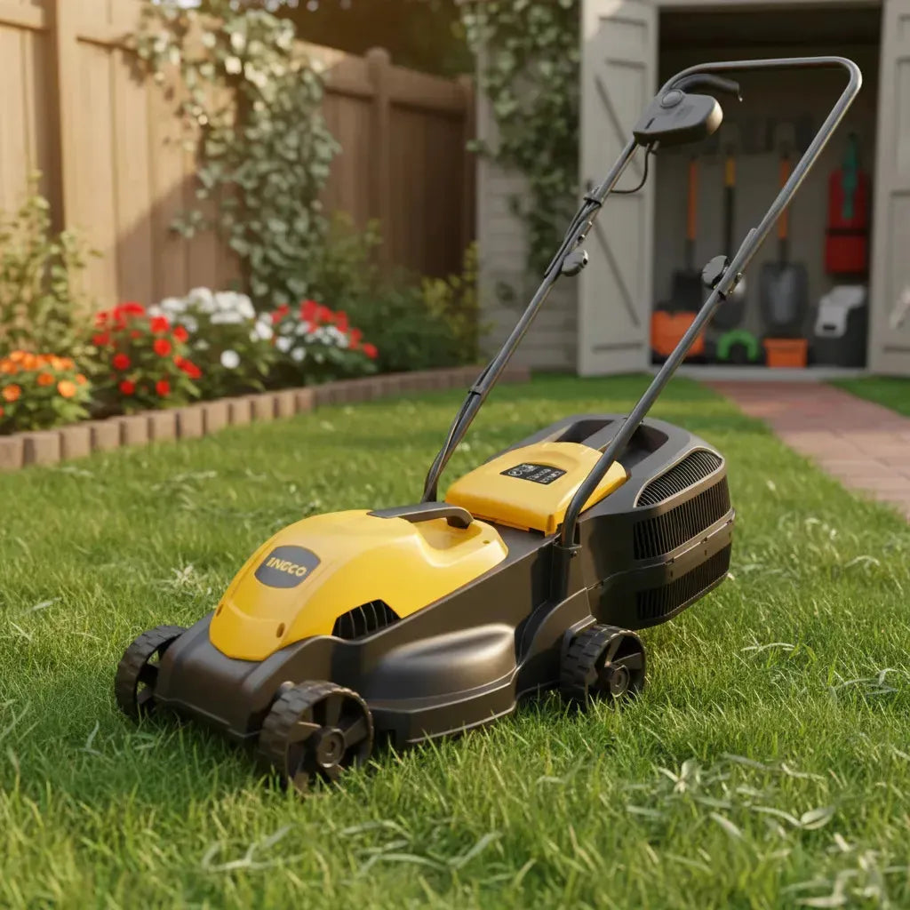 Cortacésped eléctrico Ingco LM385 sobre el pasto de un jardín