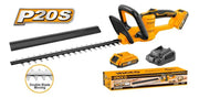 Cortasetos Ingco CHTLI20461 P20S de 20 V con batería, cargador, caja y detalle de la cuchilla