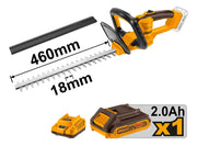 Cortasetos Ingco CHTLI20461 con cuchilla de 460 mm y corte de 18 mm, batería de 2,0 Ah y cargador