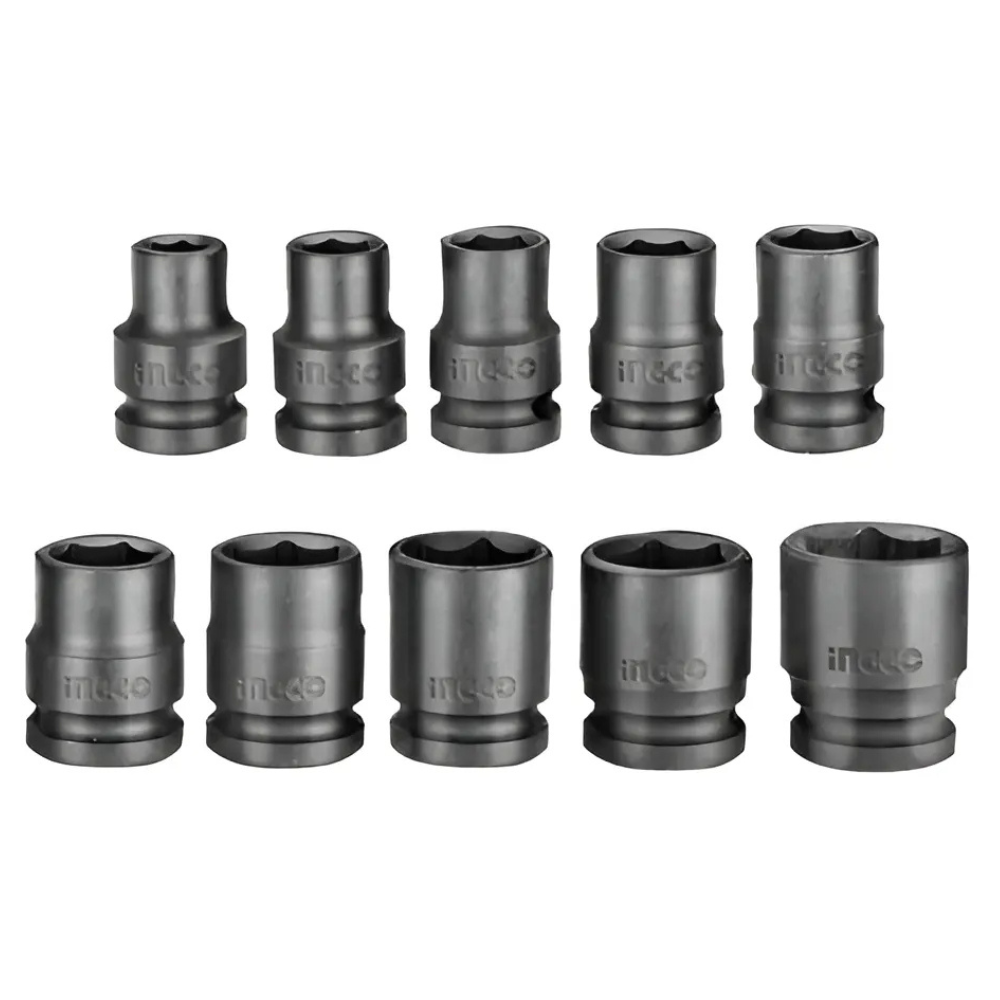 Diez dados de impacto Ingco HKISSD12101 de 10 a 24 mm en dos filas, con marca Ingco y Cr-Mo