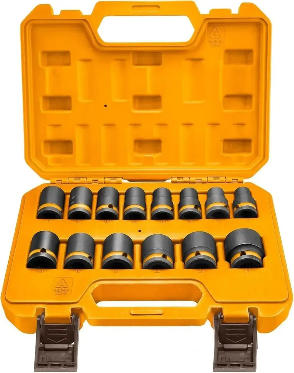 Juego de 14 dados de impacto Ingco HKISSD12141 de 1/2" en su maletín plástico abierto, en dos filas