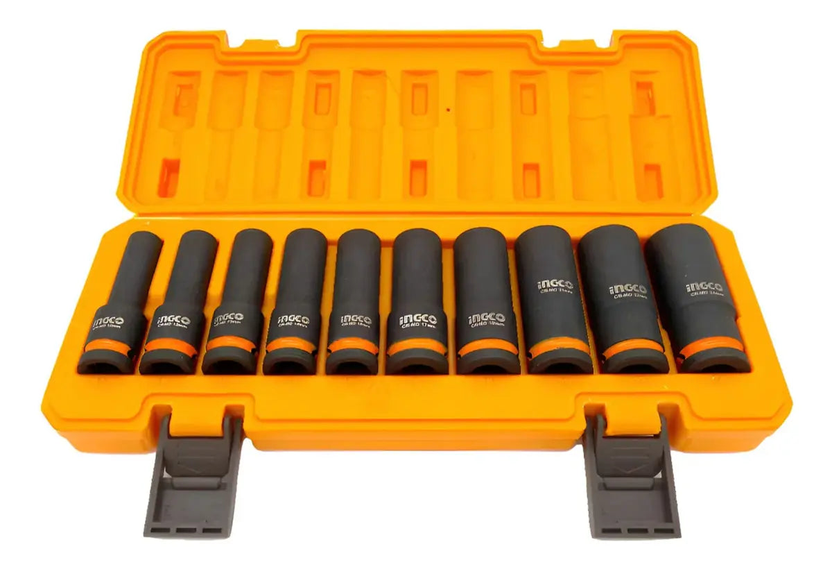 Juego de 10 dados de impacto largos Ingco HKISSD12102L de 1/2" ordenados en su maletín plástico abierto
