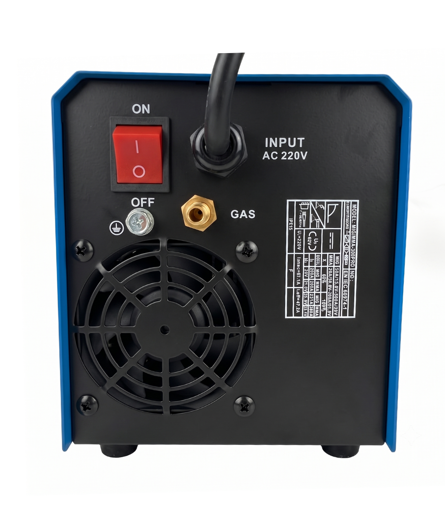 Panel trasero de la soldadora Demolition 300PRO con interruptor, conexión de gas y placa técnica