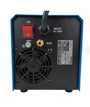 Panel trasero de la soldadora Demolition 300PRO con interruptor, conexión de gas y placa técnica