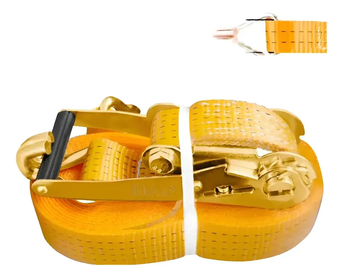 Eslinga de amarre Ingco HRSP361 enrollada, con cinta naranja, trinquete y detalle del gancho en J