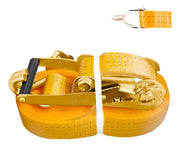 Eslinga de amarre Ingco HRSP361 enrollada, con cinta naranja, trinquete y detalle del gancho en J