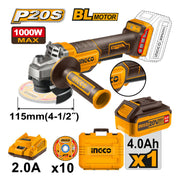Esmeril angular Ingco CAGLI2111561 P20S de 115 mm con batería de 4,0 Ah, cargador y 10 discos