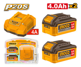 Kit Ingco FBCPK2013 con 2 baterías P20S de 4,0 Ah y cargador de 4 A, junto a su blíster