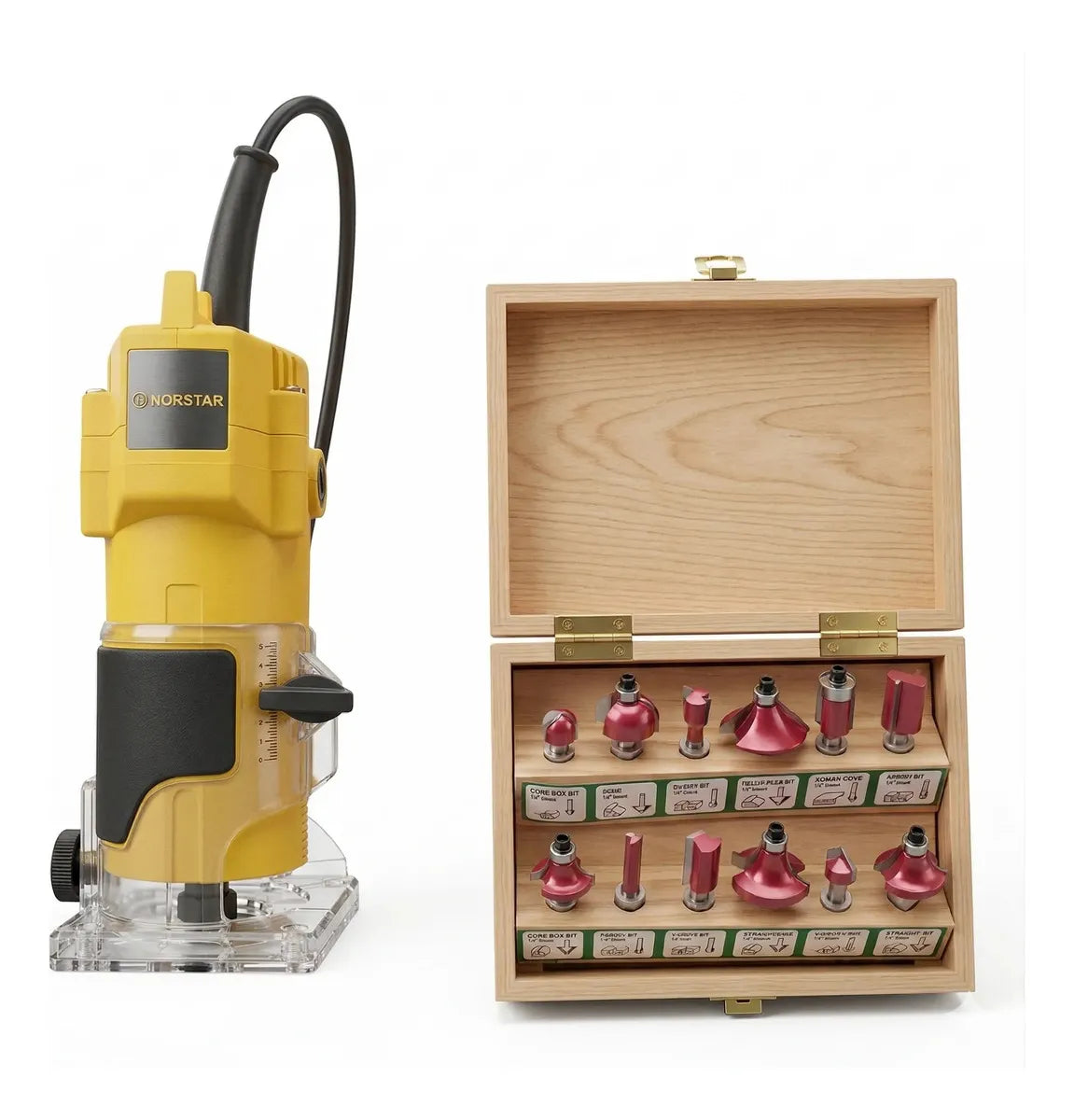Fresadora router Norstar NOR1721 amarilla junto a su caja de madera con 12 fresas de 1/4"