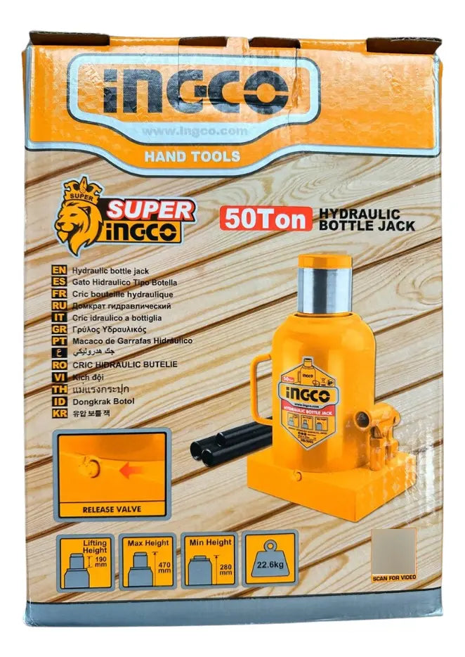 Caja de la gata botella Ingco HBJ5002 de 50 t con datos de altura y peso