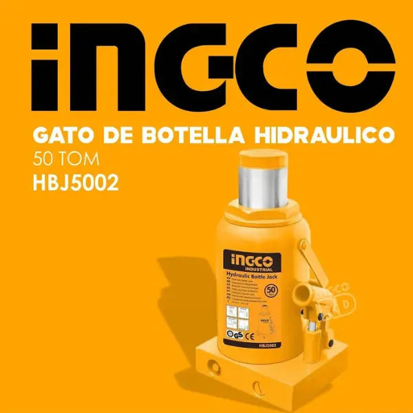 Gata botella Ingco HBJ5002 de 50 t sobre fondo naranjo con su modelo