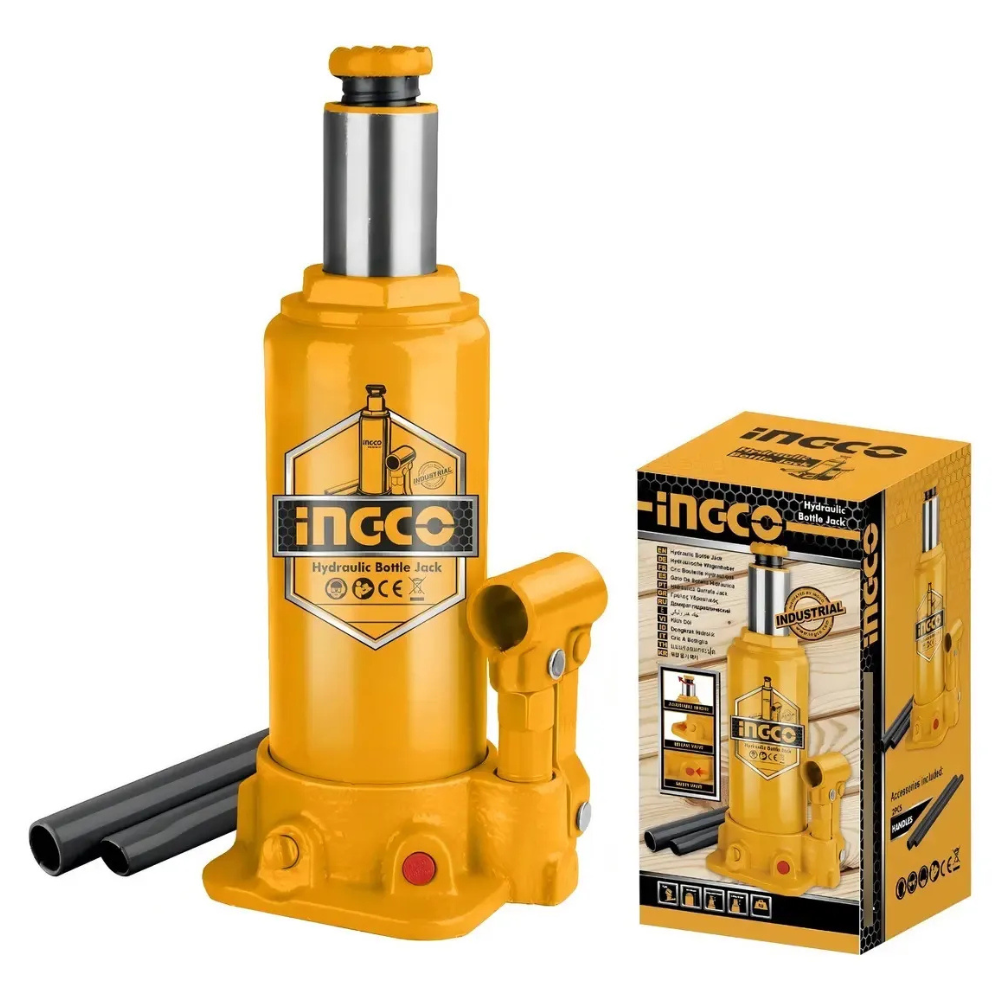 Gata hidráulica tipo botella Ingco HBJ602 de 6 t junto a su caja y palanca en 2 piezas