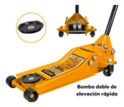 Gata de perfil bajo Ingco HFJ304 con vista frontal de la doble bomba y apoyo de goma