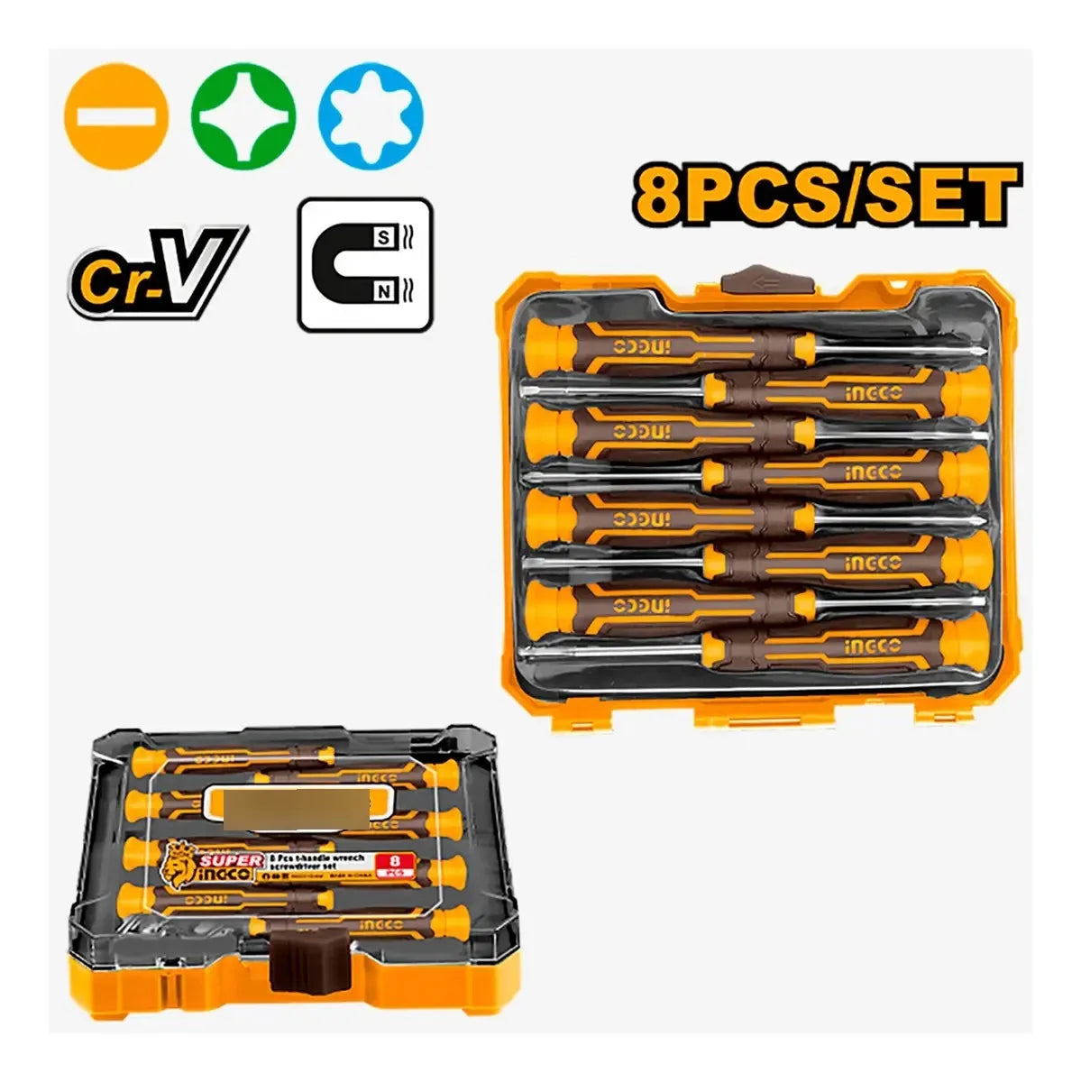 Estuche del set Ingco HKSD0818 con íconos de acero Cr-V y punta magnética