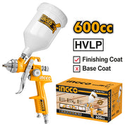 Pistola para pintar HVLP Ingco ASG1061 con depósito de 600 cc y su caja, indicada para terminación