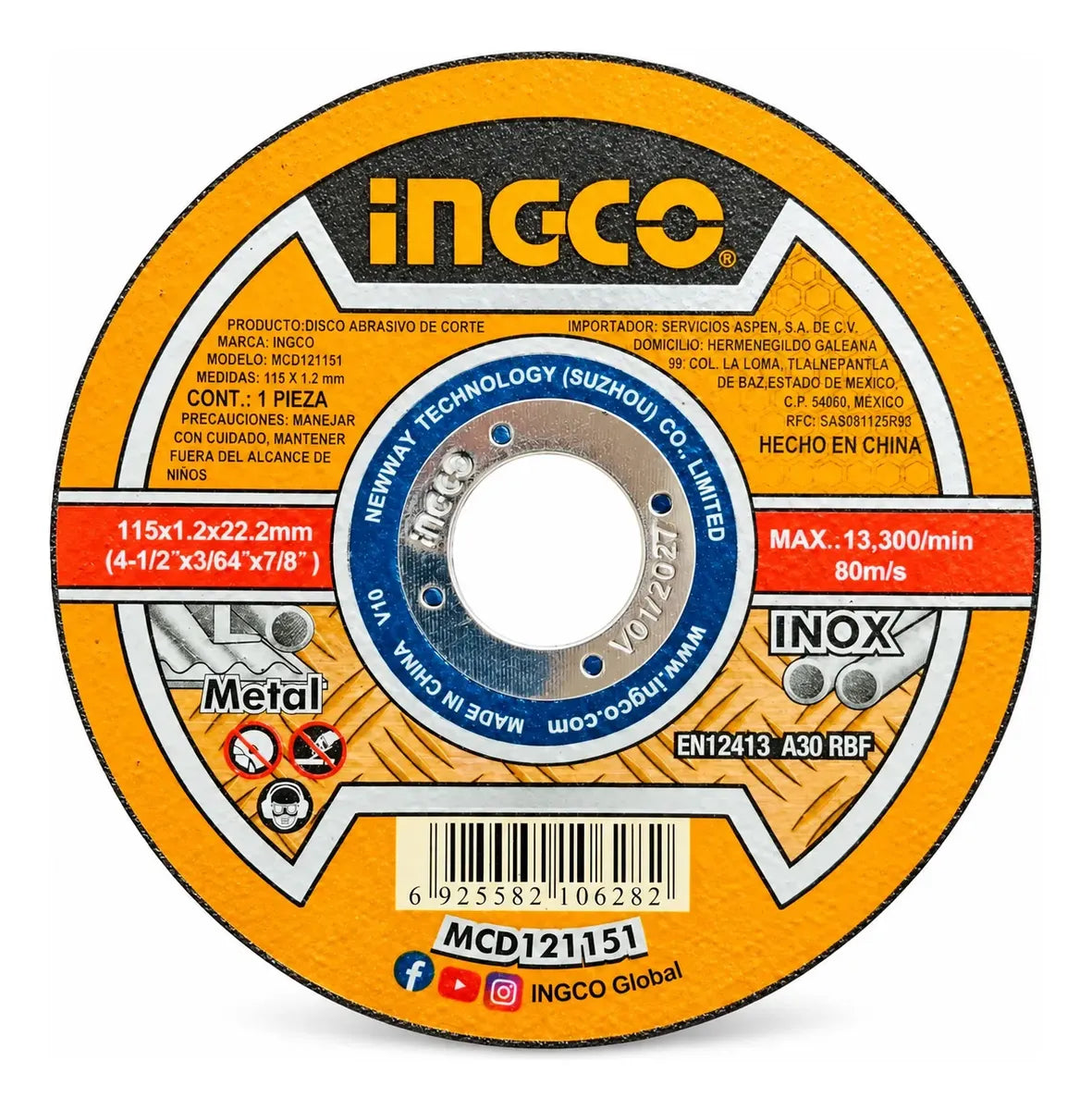 Disco de corte Ingco MCD121151 de 115 × 1,2 mm para metal e inox, con su etiqueta