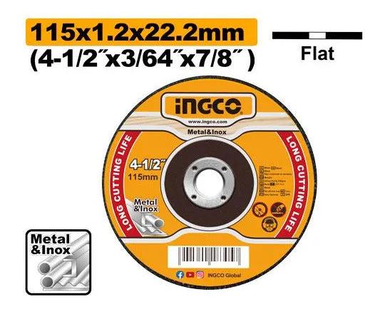Disco de corte plano Ingco de 115 × 1,2 × 22,2 mm para metal e inox, con medidas
