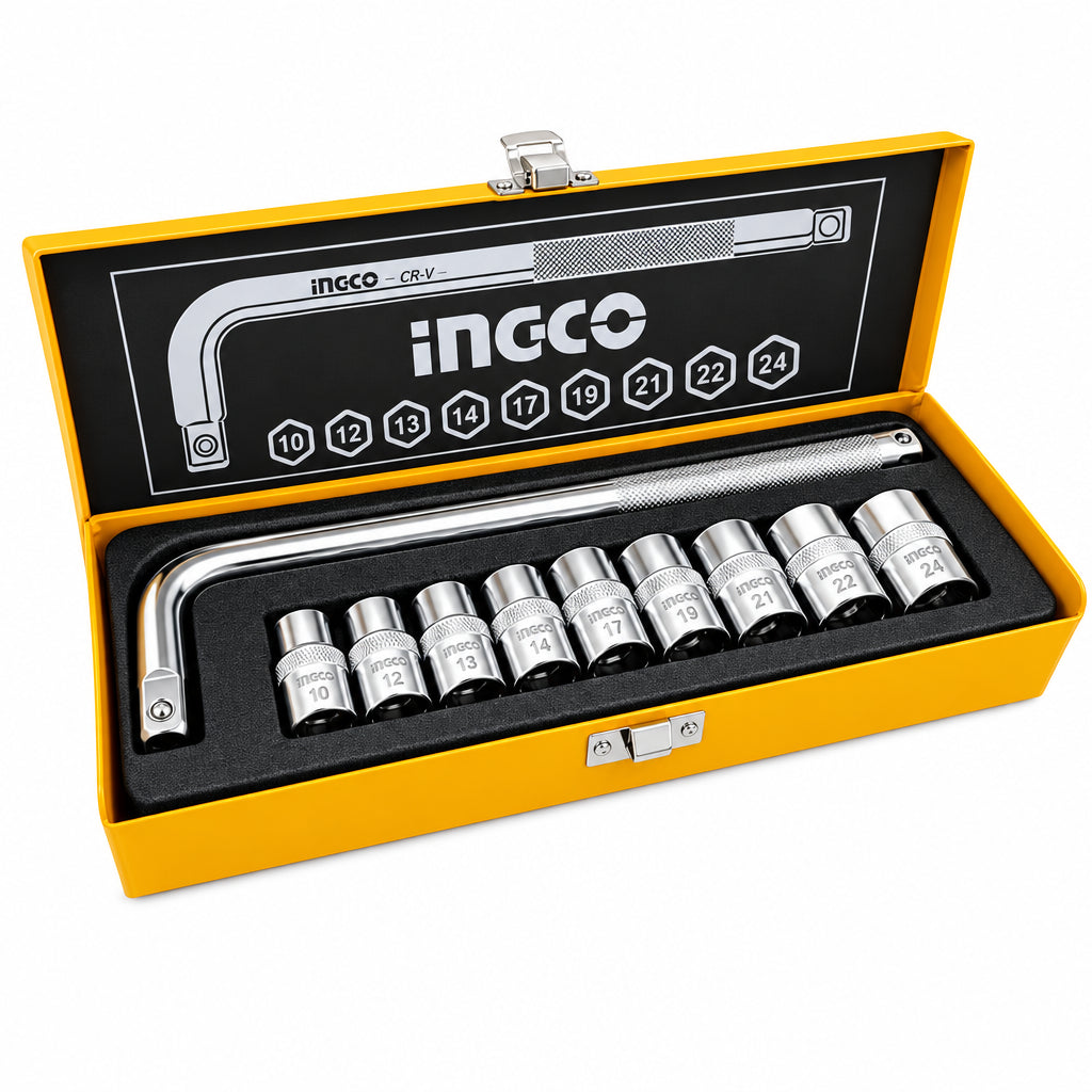 Juego Ingco HKTS12101 en su caja metálica, con la barra en L y los dados ordenados de 10 a 24 mm