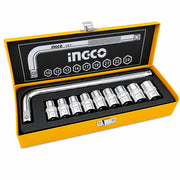 Juego Ingco HKTS12101 en su caja metálica, con la barra en L y los dados ordenados de 10 a 24 mm
