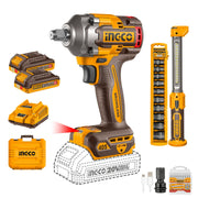 Kit Ingco COSLI23056 con llave de impacto brushless de 1/2", lámpara de trabajo, 10 dados, 2 baterías, cargador, adaptador, puntas, cable USB y maletín
