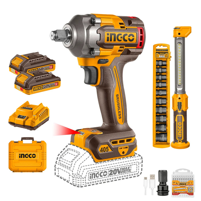 Kit Llave de Impacto Inalámbrica 1/2" 405 Nm y Lámpara Ingco COSLI23056