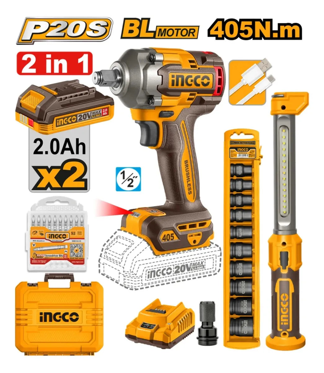 Kit Ingco COSLI23056 P20S de 405 Nm con 2 baterías de 2,0 Ah, lámpara, dados, puntas, cable USB y maletín