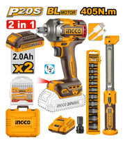 Kit Ingco COSLI23056 P20S de 405 Nm con 2 baterías de 2,0 Ah, lámpara, dados, puntas, cable USB y maletín