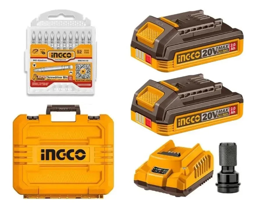Puntas, 2 baterías de 2,0 Ah, cargador, adaptador y maletín del kit Ingco COSLI23056
