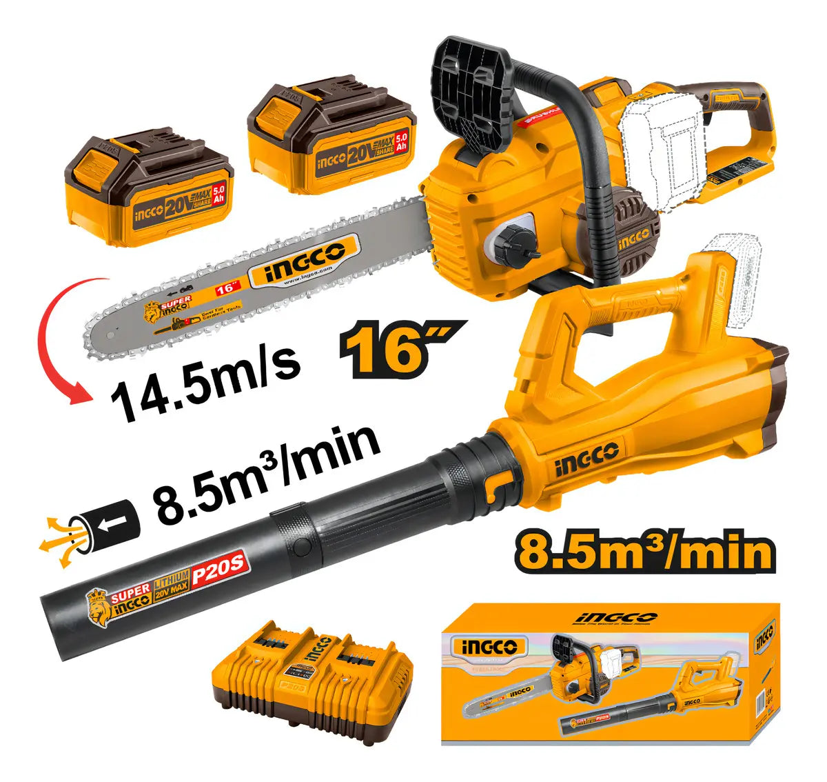 Kit Ingco COSLI240463 P20S: motosierra de 16" y 14,5 m/s y sopladora de 8,5 m³/min con baterías, cargador y caja