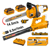 Kit Ingco COSLI240463 P20S: motosierra de 16" y 14,5 m/s y sopladora de 8,5 m³/min con baterías, cargador y caja