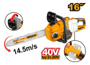 Motosierra inalámbrica Ingco CGSLI40168 de 16" y 40 V con dos baterías de 20 V