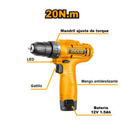 Partes del taladro atornillador de 12 V y 20 Nm del kit Ingco COSLI23041: mandril, luz LED, gatillo y batería de 1,5 Ah