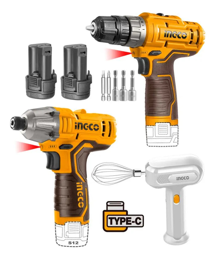 Kit Taladro, Atornillador de Impacto y Batidora 12 V Ingco COSLI240205
